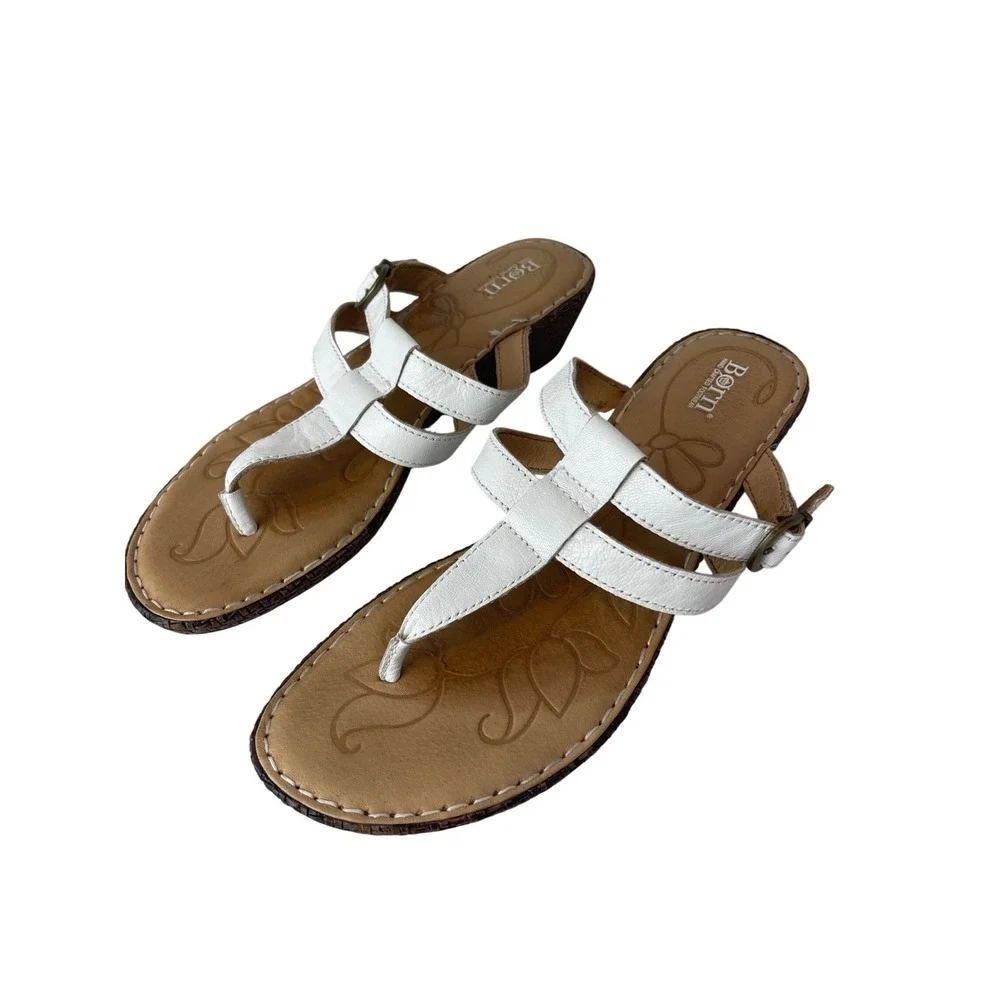 Born White Leather Thong Wedge Sandals Womens 10 M Floral Footbed C7617